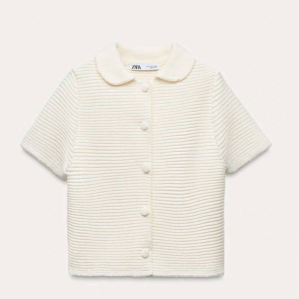 Zara Off-White Short-Sleeve Ribbed Button Cardigan - Picture 1 of 1